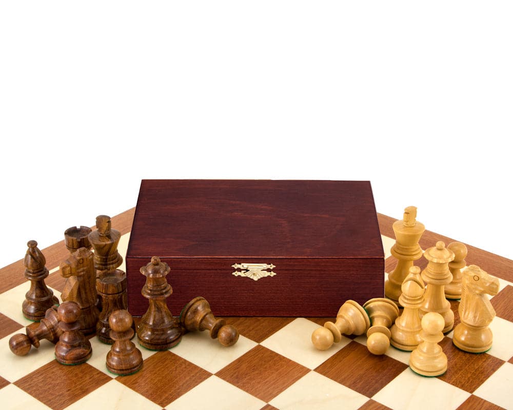 French Knight Sheesham Mahogany Chess Set with weighted Staunton chessmen, 19-inch mahogany and maple board, and wooden box.