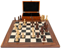 Supreme Rosewood Chess Set with Burl Wood Case, traditional Staunton design, solid rosewood pieces, 18-inch board, and luxurious storage case.