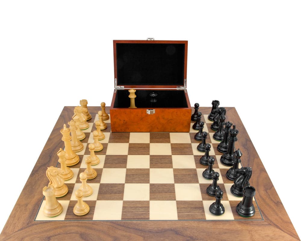 Parthenon Grand Ebony and Walnut Chess Set with open storage box on luxury board