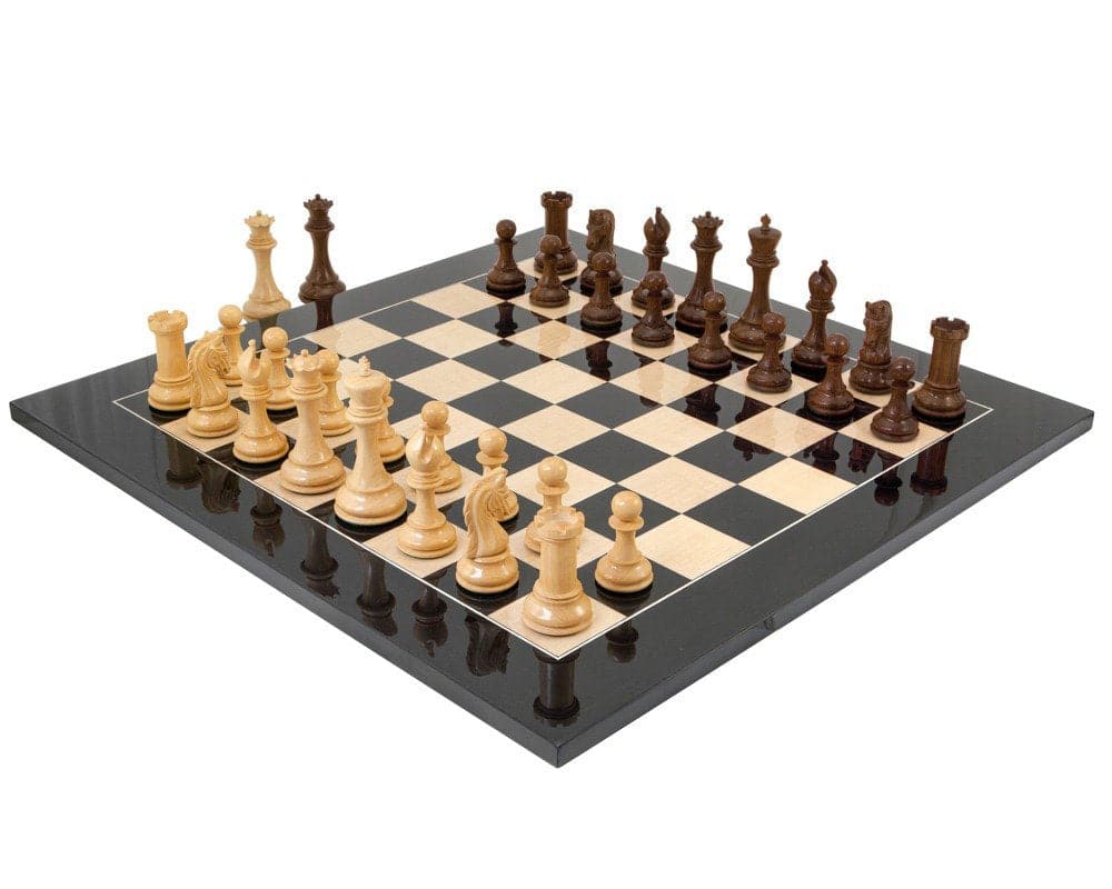 Eminence Black and Rosewood Grand Chess Set on high gloss black and maple board