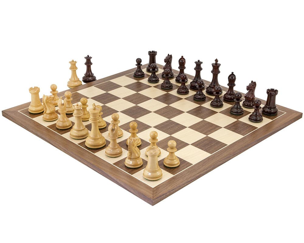 Sentinel Rosewood and Walnut Chess Set - luxury wooden chess set with Staunton pieces, handcrafted from quality Rosewood, Boxwood, and Walnut.