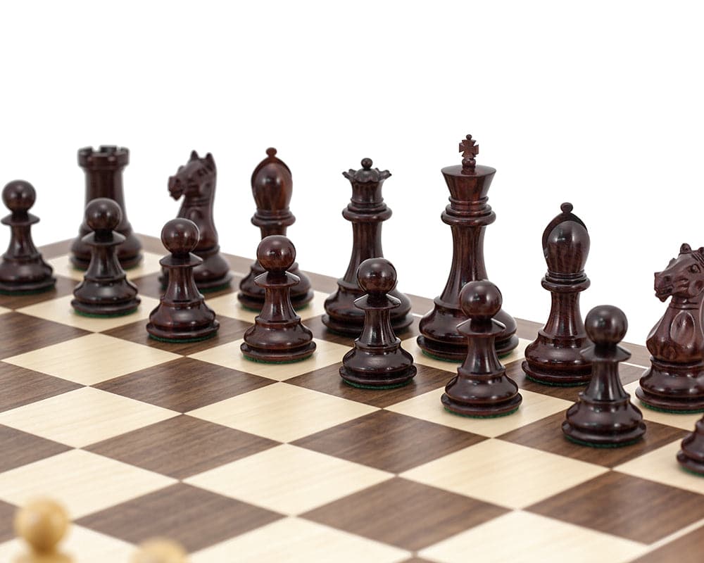 Sentinel Rosewood and Walnut chess set featuring luxury Staunton chess pieces on a European chess board from the Regency Collection