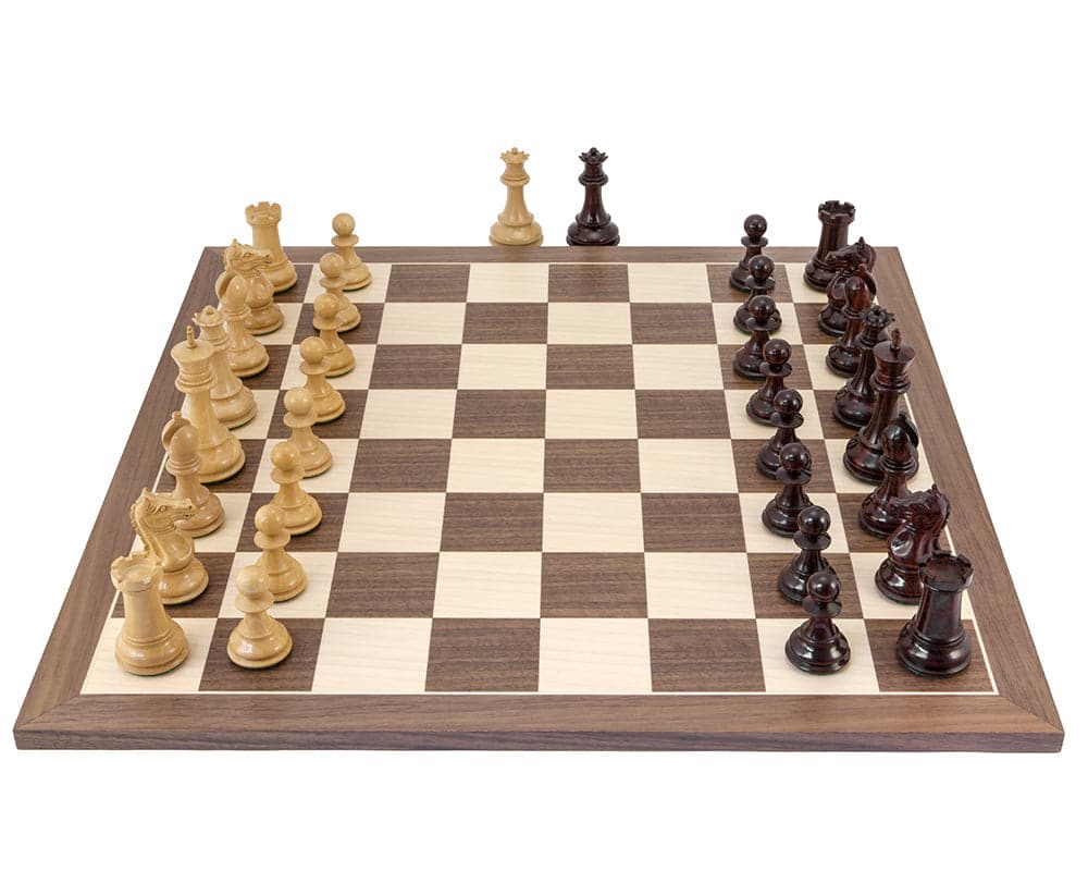 Sentinel Rosewood and Walnut chess set with classic Staunton pieces on a large luxury European board.