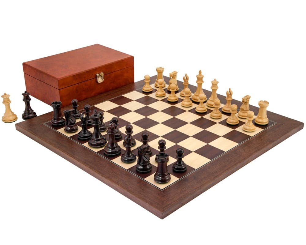 Windsor Rosewood and Montgoy Palisander Chess Set with Boxwood Chessmen on Montgoy Palisander Board and Burl Effect Case