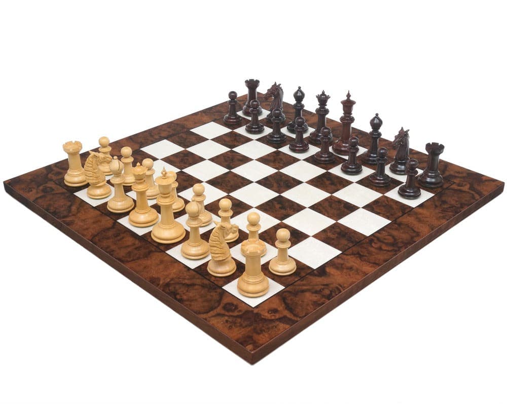 Classic Staunton Rosewood and Dark Walnut Bath Series Grand Chess Set with detailed chess pieces on a glossy wooden chessboard