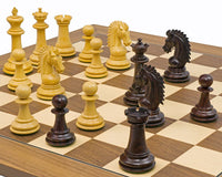 Sheffield Knight Rosewood & Walnut Chess Set with detailed carved knights on a 19-inch Deluxe Walnut Board