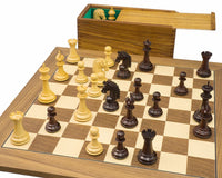 Intricate Sheffield Knight Rosewood & Walnut Chess Set with felted and weighted pieces on a Deluxe Walnut Chess Board.