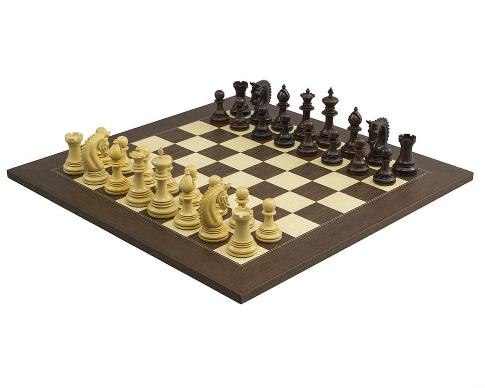 The Lemington Rosewood Palisander Chess Set on a luxury Montgoy Palisander board showing expertly handcrafted chessmen with a 4.25 inch king