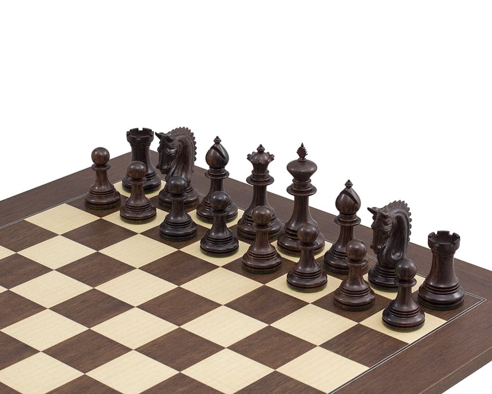 The Lemington Rosewood Palisander Chess Set with 4.25 inch king and luxury Montgoy Palisander board displaying intricately detailed chessmen.