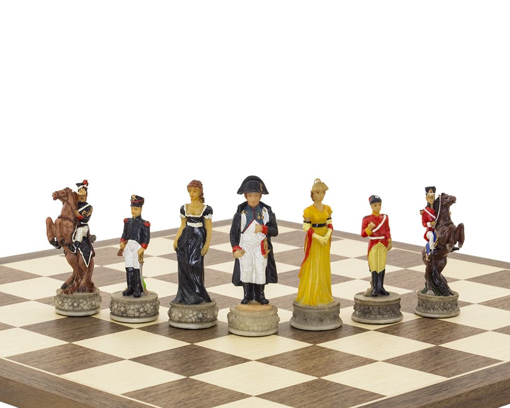 Battle of Waterloo hand-painted chess set pieces with Bonaparte, Wellington, Josephine, and Catherine on a Spanish board by Italfama