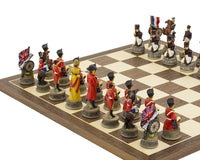 Hand painted Battle of Waterloo themed chess set by Italfama on Spanish board, featuring Bonaparte, Wellington, Josephine, and Catherine.