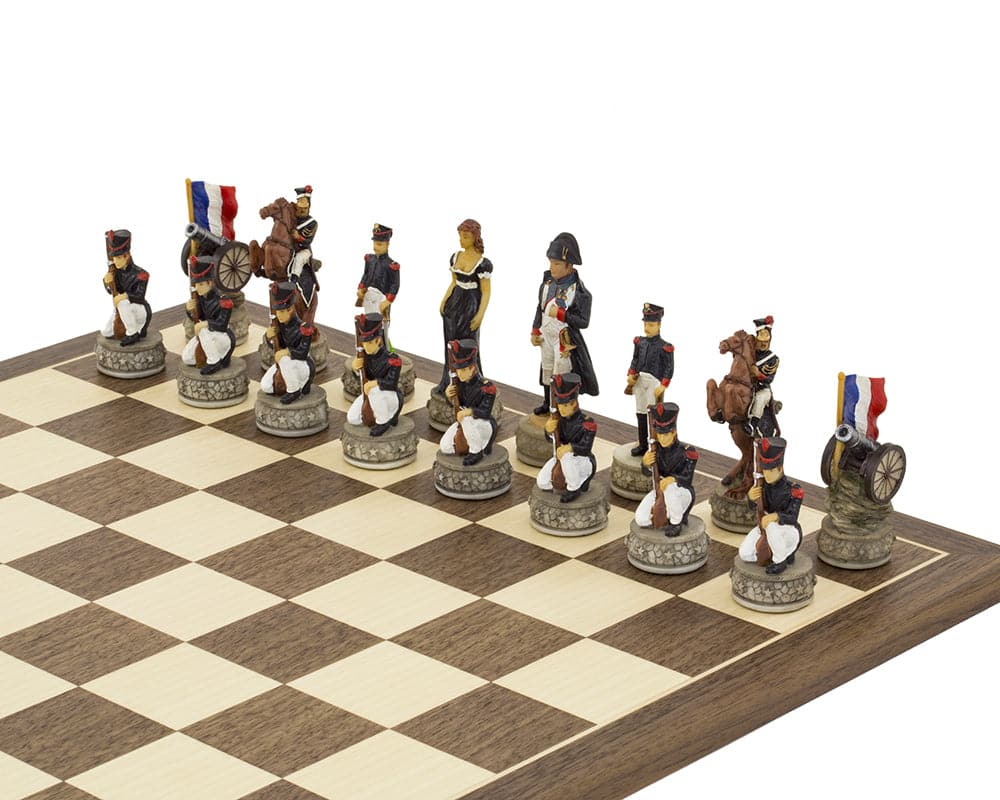 Hand painted Battle of Waterloo themed chess set by Italfama on ornate Spanish board featuring Napoleon Bonaparte and Duke of Wellington pieces