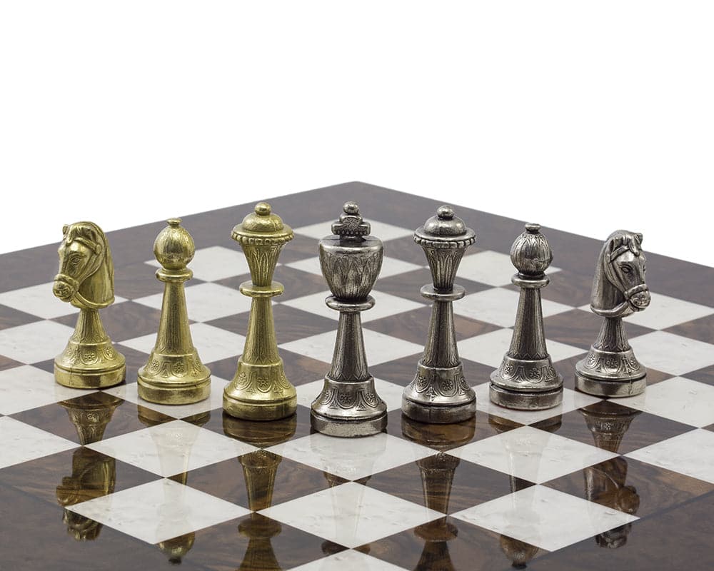 The Finnesburg and Dark Walnut Luxury Chess Set with brass and nickel-plated chessmen on a 17-inch Briarwood board.