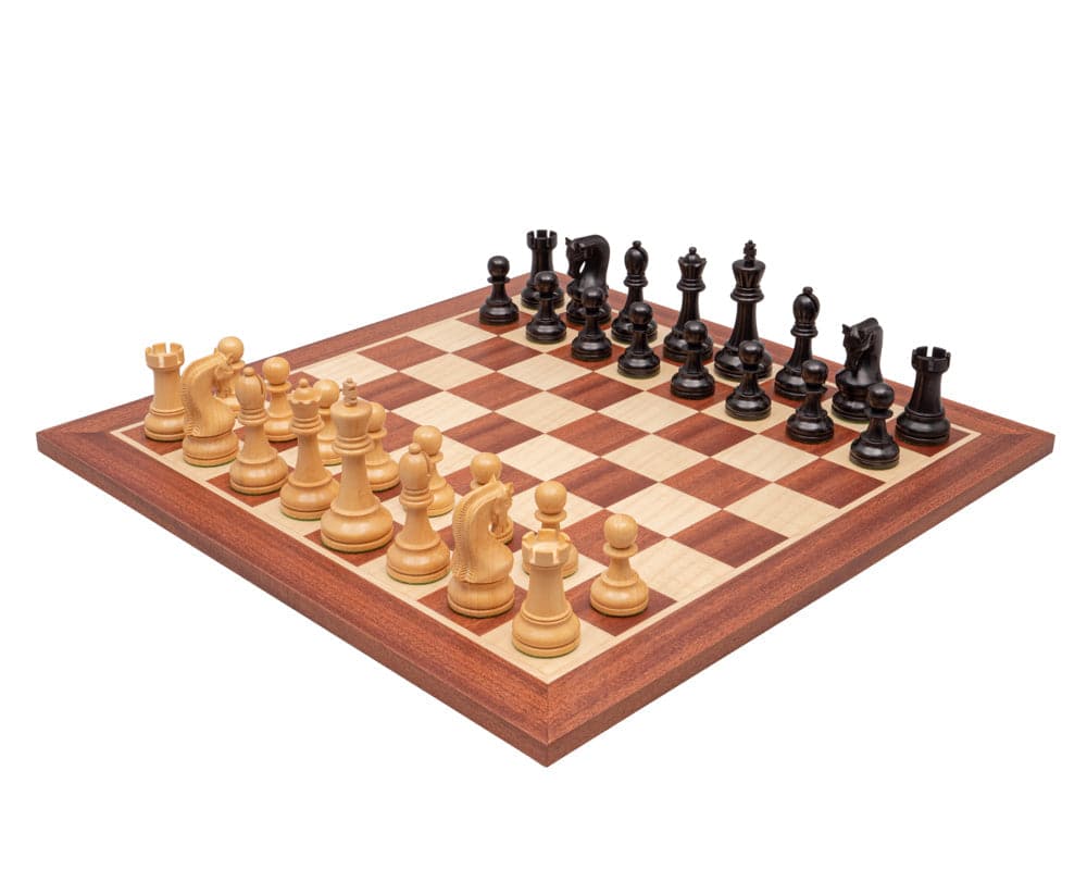 The Leningrad Mahogany Chess Set with artisanal Staunton pieces on a 13.75-inch board, beautifully crafted by Italian craftsmen.