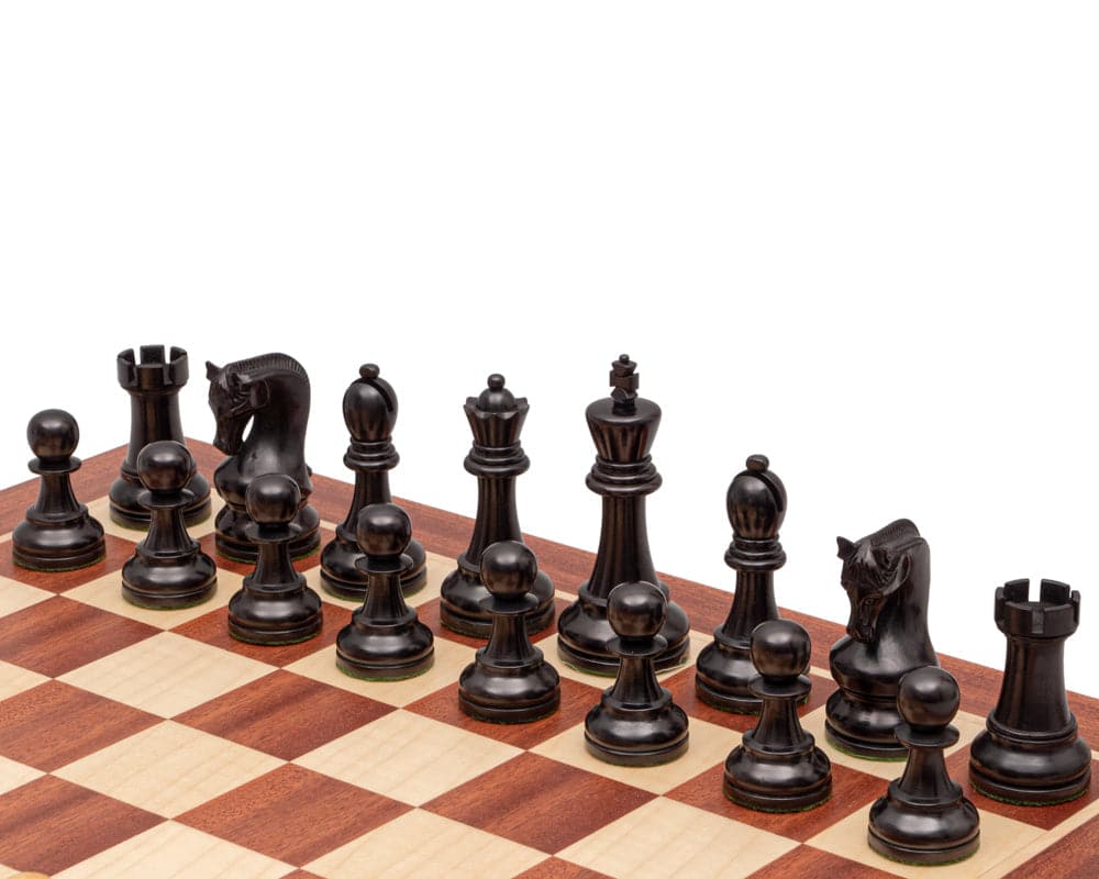 The Leningrad Mahogany Chess Set with beautifully detailed pieces on a classic wooden chess board.