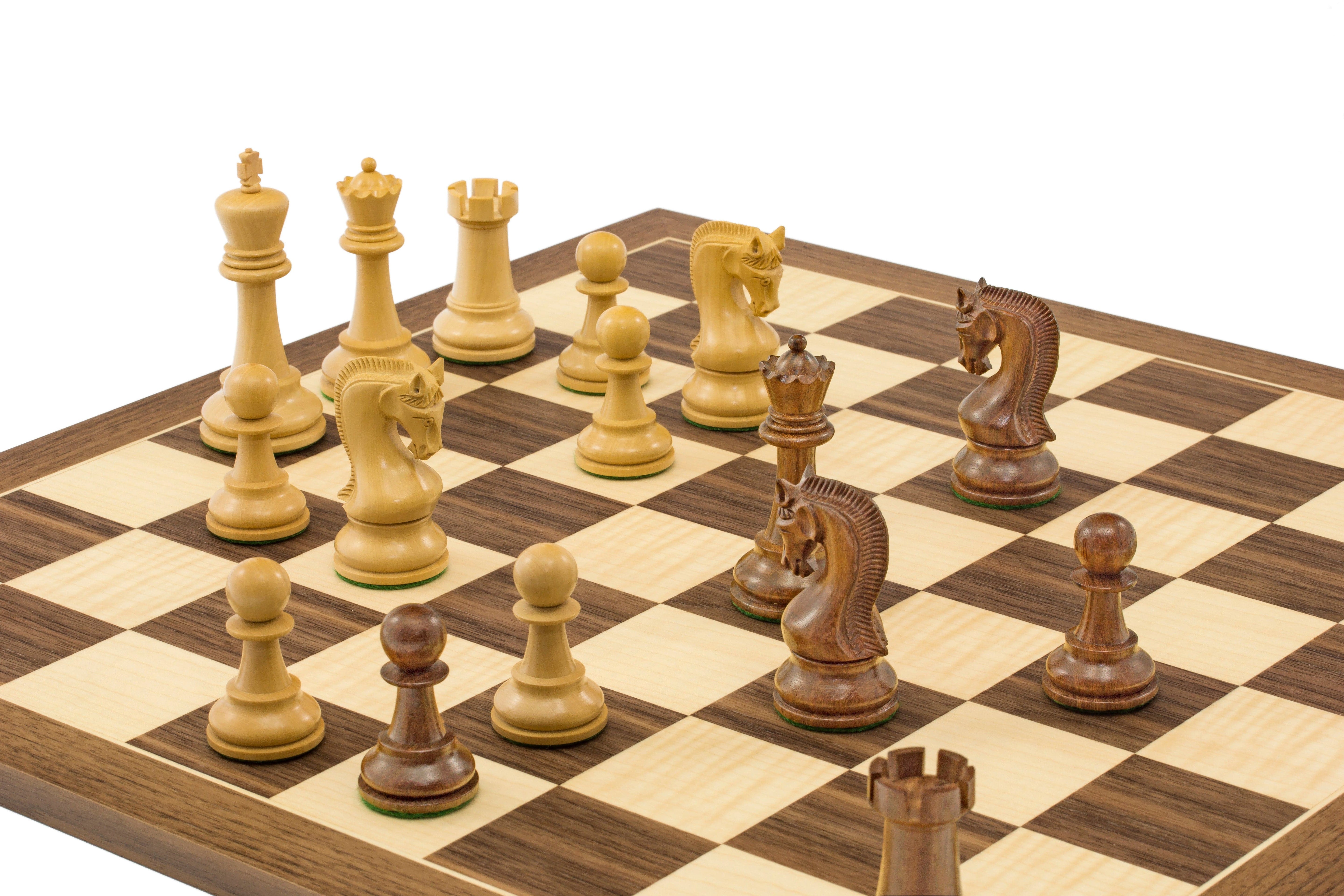 The Leningrad Acacia and Walnut Chess Set with 2.75 inch king on 15.75 inch Mahogany Chess Board from Spain