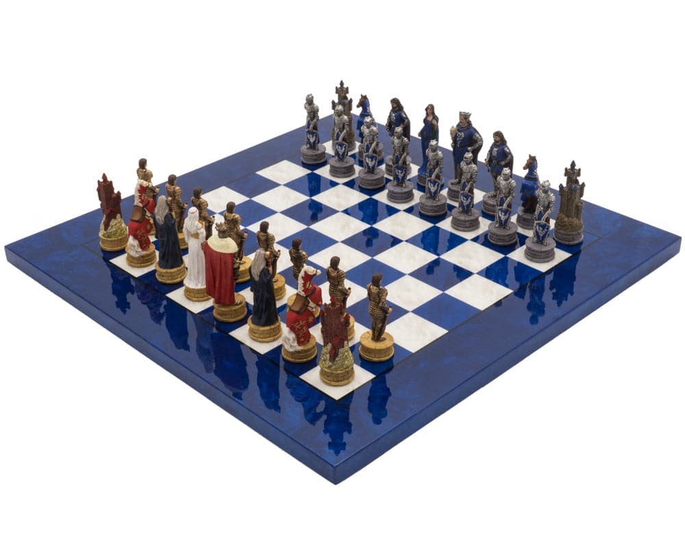 King Arthur Hand Painted Luxury Blue Chess Set with Glossy Wooden Board and Resin Pieces