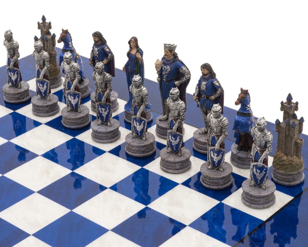 The King Arthur Hand Painted Luxury Blue Chess Set with Resin Sculpted Pieces on Glossy Blue and White Board