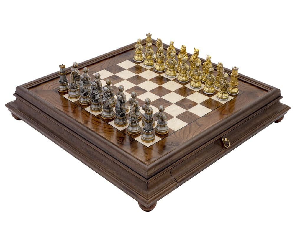 Medieval Pewter and Briarwood Luxury Chess Cabinet Set with Detailed Chess Pieces on Elegant Wooden Board