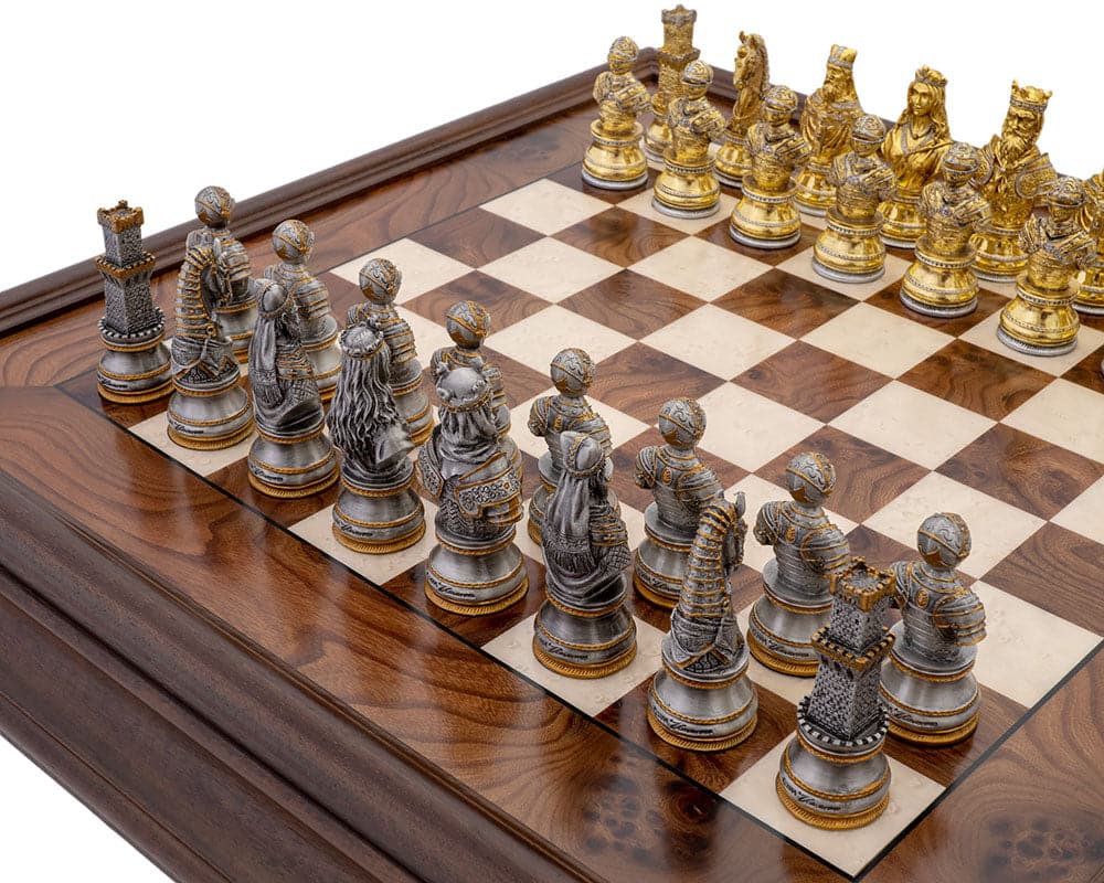 Medieval Pewter and Briarwood Luxury Chess Cabinet Set showing detailed chess pieces on a wooden board.