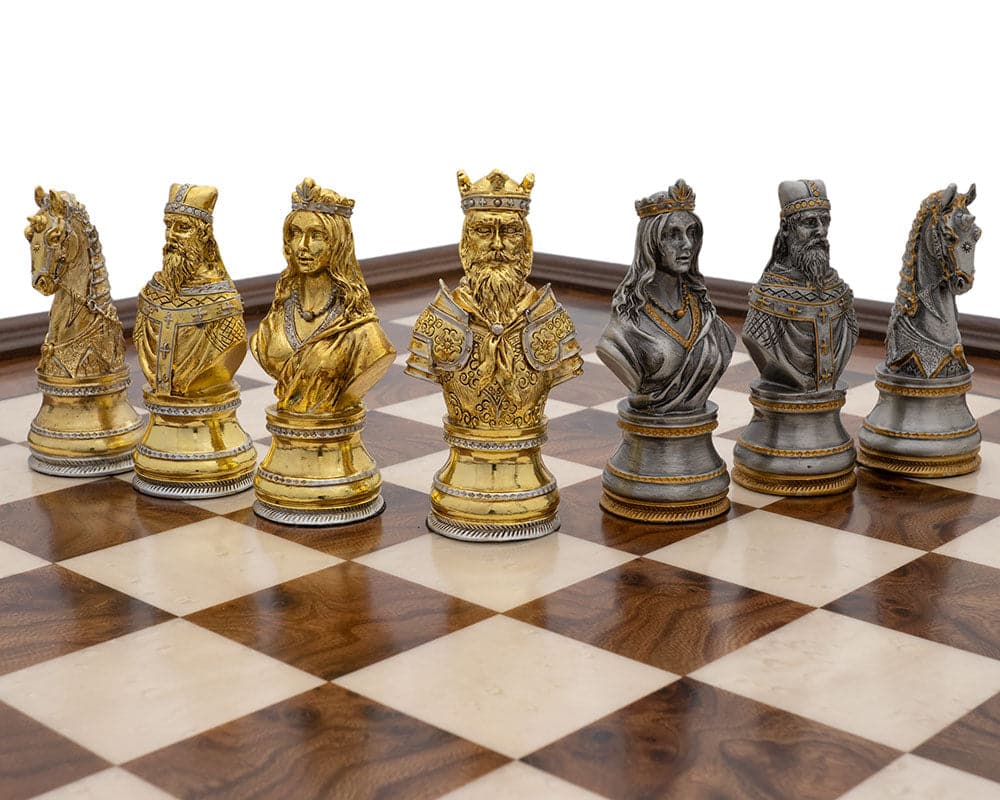 Luxury Pewter and Briarwood Chess Set with Medieval-Themed Pieces on Chessboard