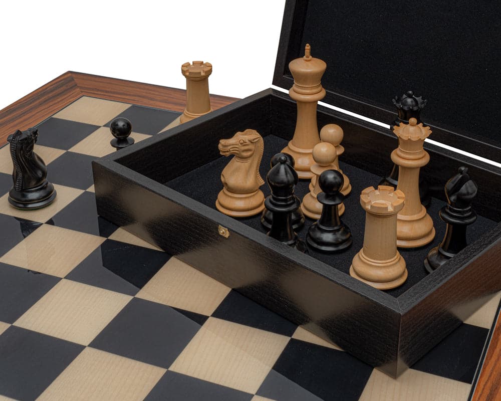 The 1849 Reproduction Staunton Ebony and Palisander Luxury Chess Set pieces on a chessboard with storage box