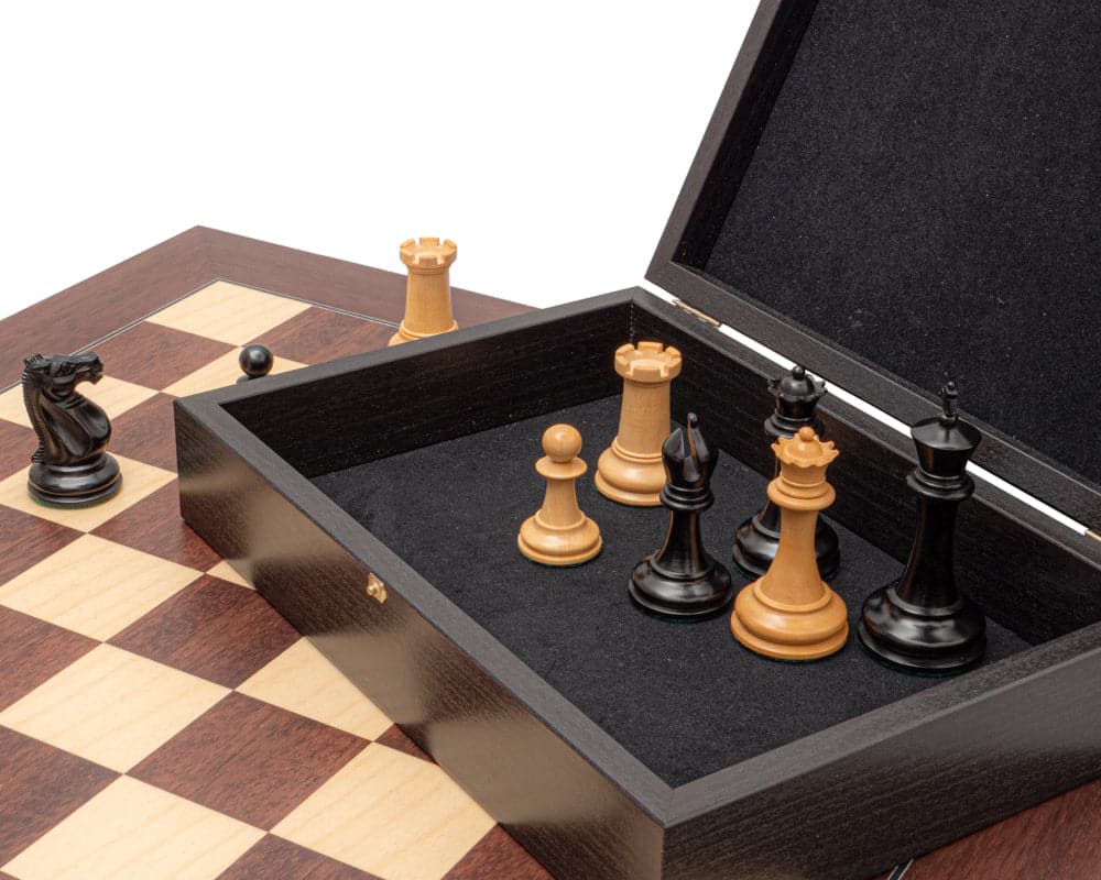 1853 Paulsen Reproduction Luxury Chess Set with Ebony and Montgoy Palisander pieces on a high-grade chessboard