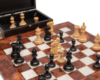 Highgrove Briarwood and Black Luxury Chess Set with Staunton pieces on a crafted Italian briarwood and elm board with a chess piece case