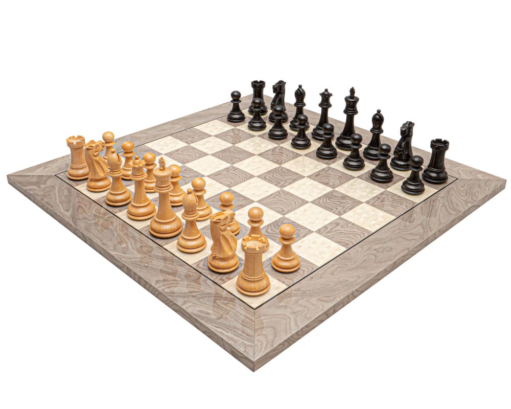 The Victoria Black and Grey Ash Burl Classic Chess Set with weighted and felted pieces on a stunning 19.7 inch Spanish board