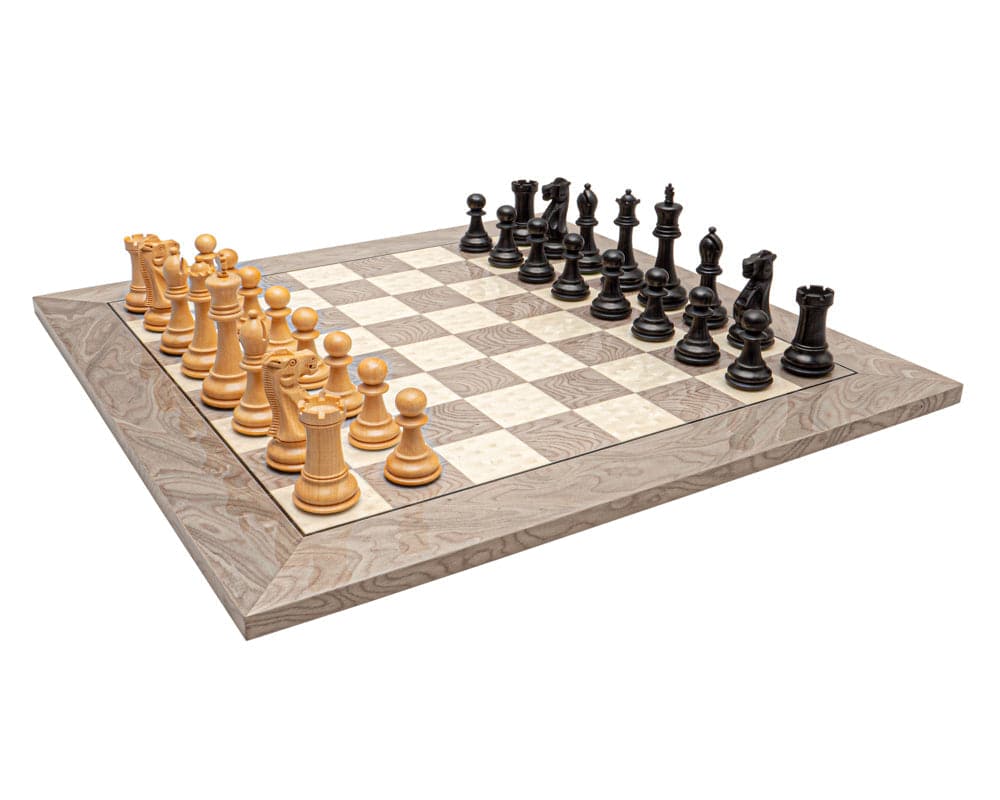 The Victoria Black and Grey Ash Burl Classic Chess Set with 3.75 inch king on a 19.7 inch Spanish board with grey ash burl and maple squares