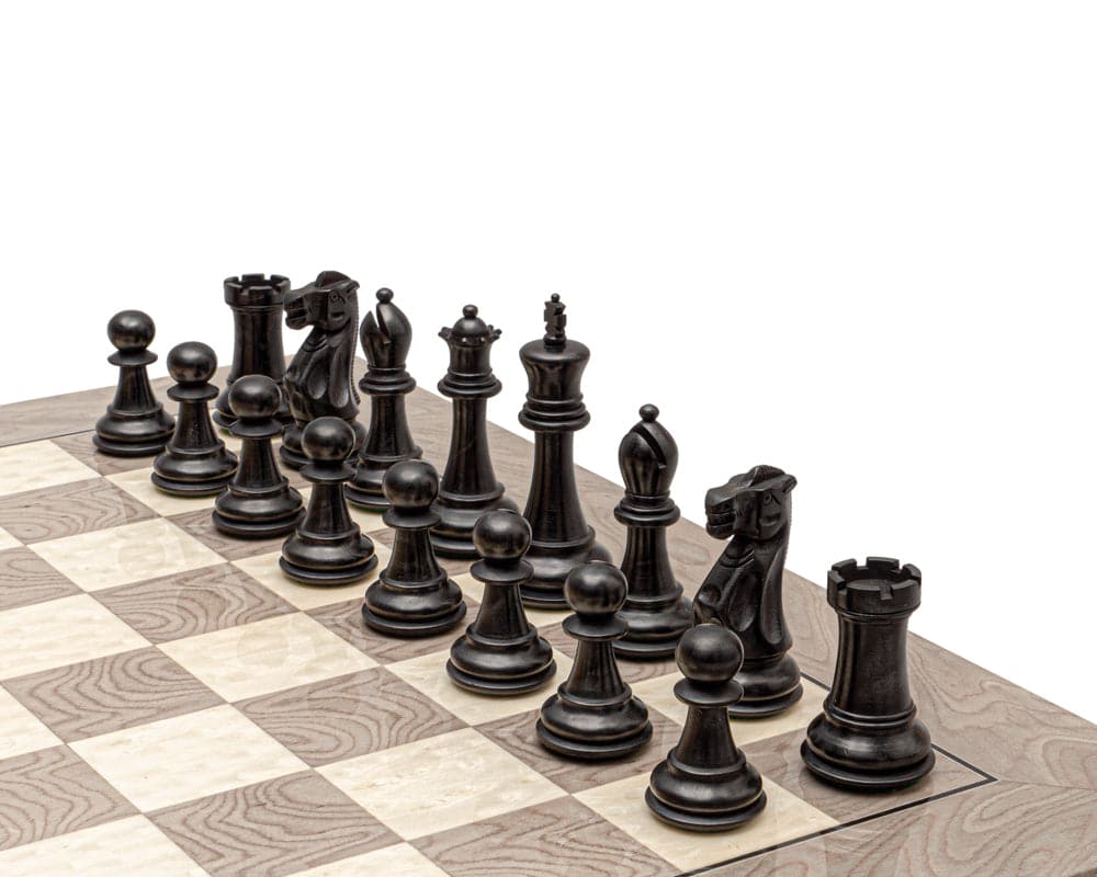 The Victoria Black and Grey Ash Burl Classic Chess Set on Spanish board with ebonised boxwood chess pieces