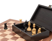 Highclere Ebony and Walnut Traditional Chess Set on Walnut and Maple board with case featuring felted and weighted Staunton pieces.