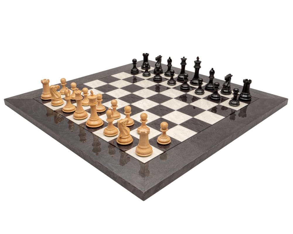 The Sovereign Ebony and Grey Briarwood Luxury Chess Set with Staunton design pieces on a high gloss Italian board