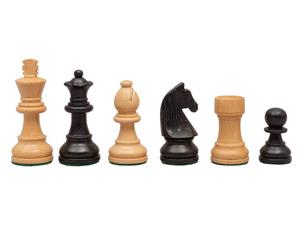 Traditional Staunton design chess pieces crafted from boxwood with felted bases in ebonised and natural finish.