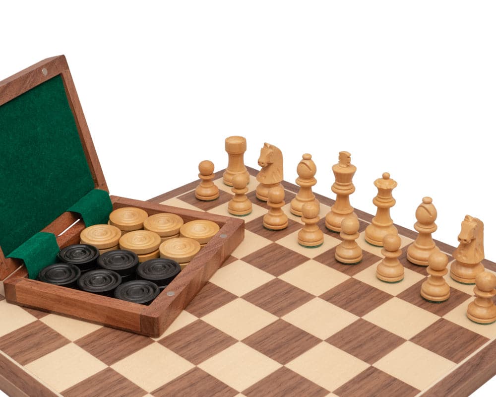 Traditional Chess and Draughts Set with Staunton design pieces, boxwood carvings, and a high-quality Walnut and Maple board from Spain.