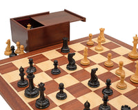 1850 London – Limitierte Auflage: Ebenholz- und Mahagoni-Deluxe-Schachset mit Aufbewahrungskoffer für Schachfiguren und Schachuhr