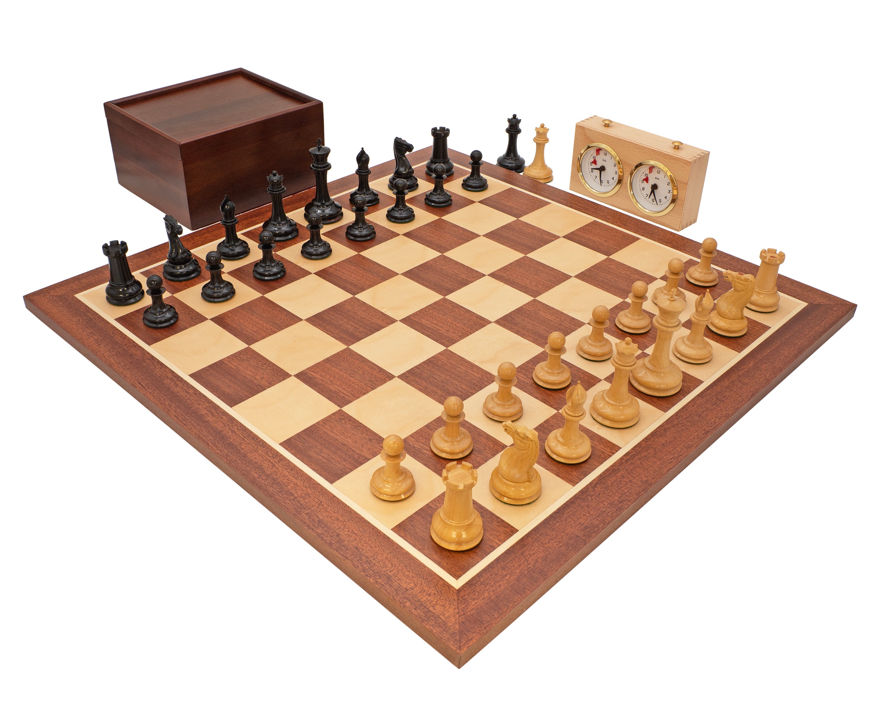 1850 London – Limitierte Auflage: Ebenholz- und Mahagoni-Deluxe-Schachset mit Aufbewahrungskoffer für Schachfiguren und Schachuhr