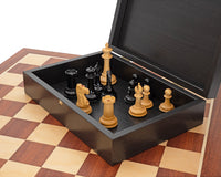 Jeu d’échecs Édition JJ Cooke, noir et acajou, avec coffret de rangement pour pièces d’échecs et pendule d’échecs