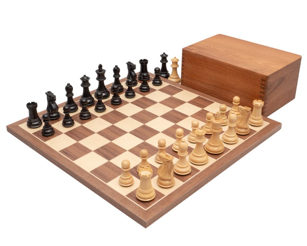 Competition Staunton Walnut Chess Set with 3 inch king on a 15.75 inch walnut and maple board, including a solid wooden case for storage