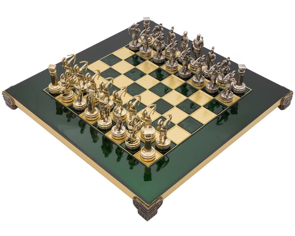 The Manopoulos Archers Chess Set with Wooden Case on green and gold chessboard