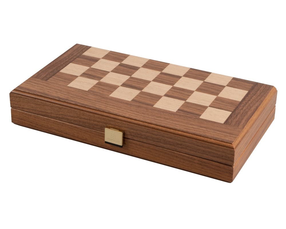 American Walnut Backgammon and Chess Combination Set - Travel Size with Deluxe Philos Cups, Closed Box.