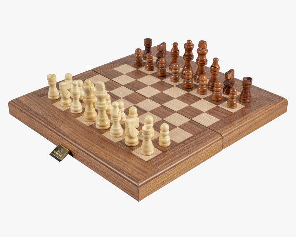 American Walnut travel size chessboard with deluxe Philos cups and chess pieces set up for play.